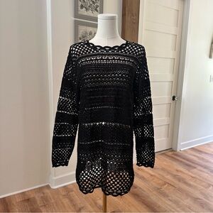 Womens Small Black Tunic Loose Knit Crochet Beachy Whimsigoth Casul Pullover Top